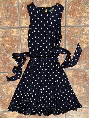 Lauren Ralph Lauren Navy and White Polka Dot Jersey Dress